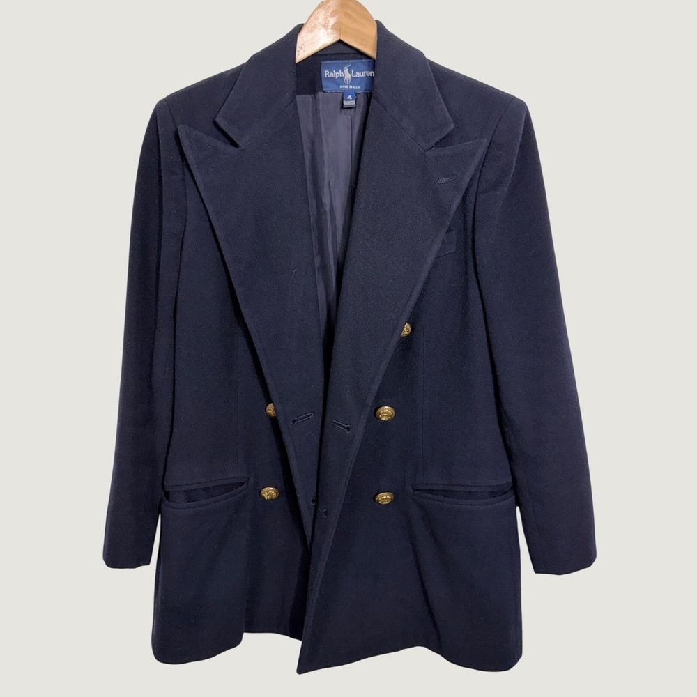 Ralph Lauren Blazer 4 Navy Blue Double Breasted Wool Cashmere Gold Crest Buttons